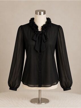 Zara Black Ruffle Collar Tie-Neck Button Down Blouse
